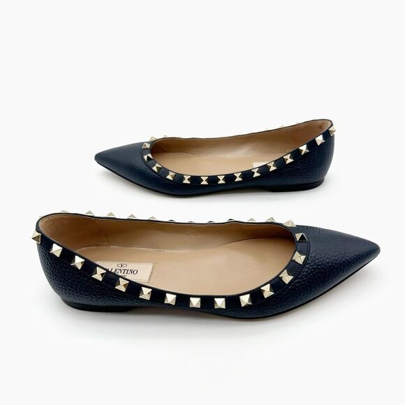 VALENTINO Rockstud Navy Blue Flat Size 37.5 Pointed Toe Leather Gold Stud - Picture 2 of 12